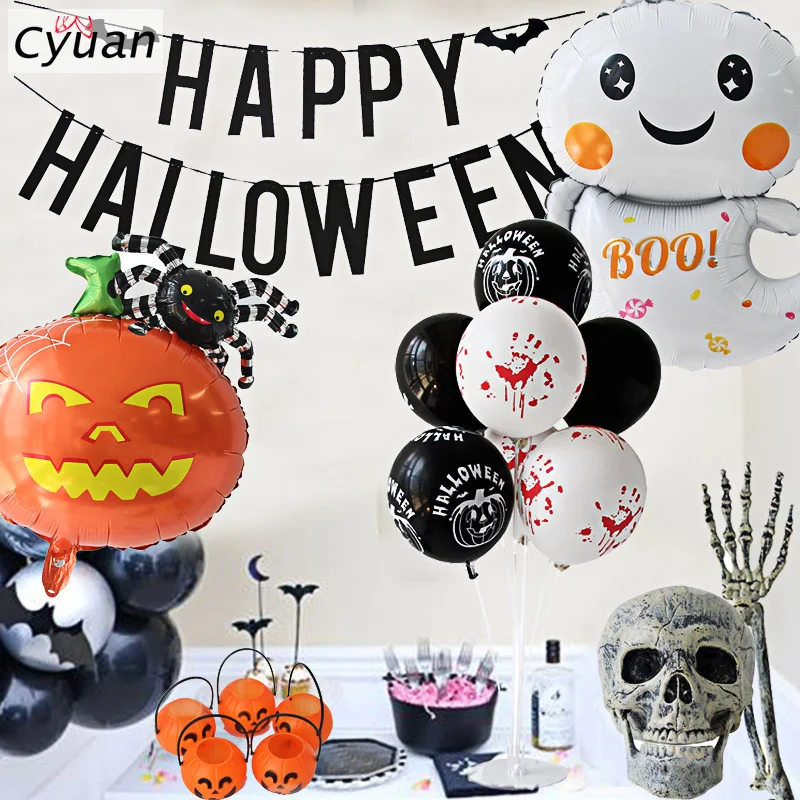 

Cyuan Happy Halloween Banner Balloons Trick Treat Candy Bucket Pumpkin Ghost Foil Balloon Halloween Decoration for Home Supplies