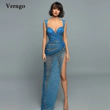

Verngo Glitter Blue Long Prom Dresses Sweetheart Straps High Side Slit Sexy Evening Party Gowns 2022 Fashion Robe de soiree