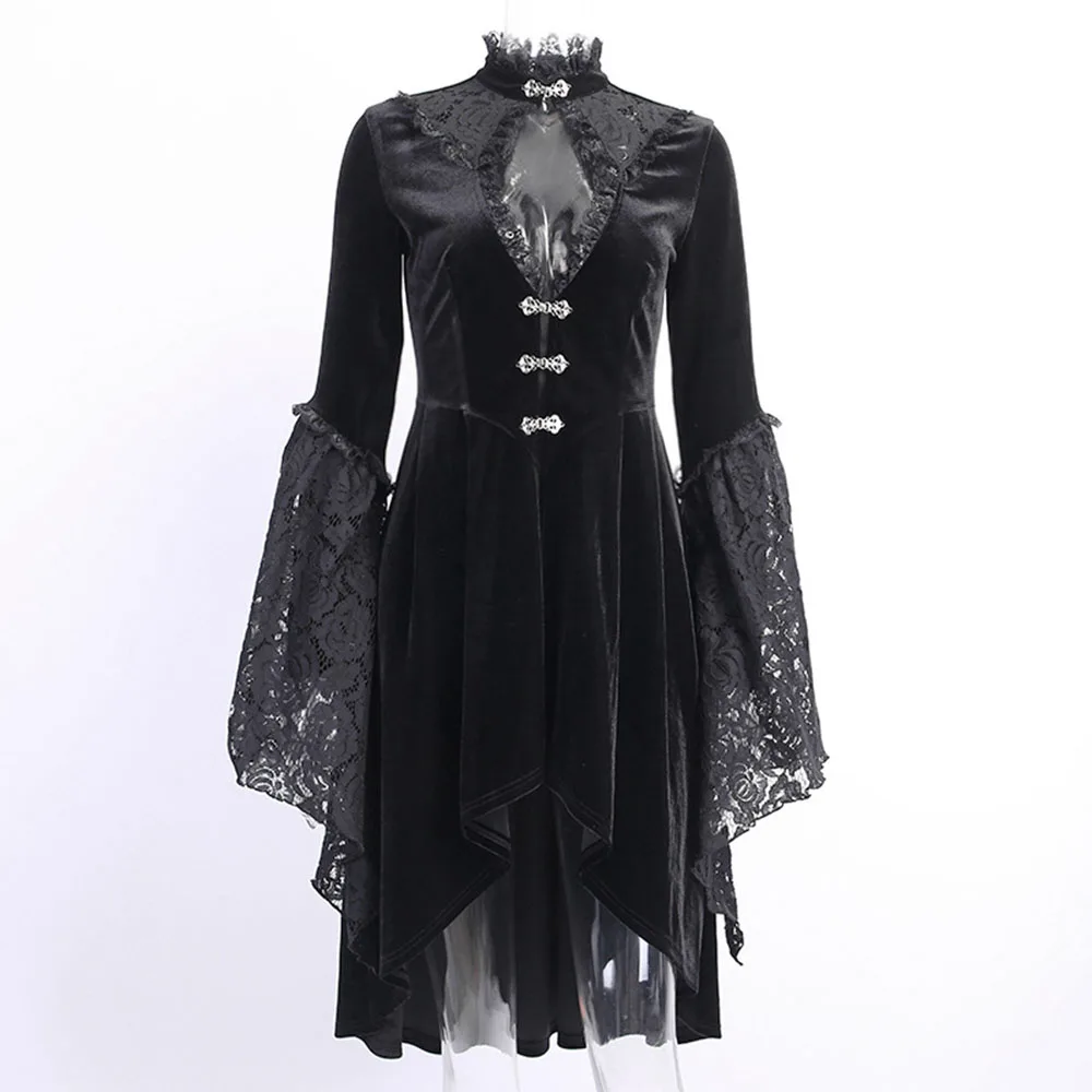 Готическое платье-Чонсам в стиле темного дворца; кружевное платье в стиле ретро; Элегантное Черное зимнее платье с рукавами-фонариками; готические вечерние платья