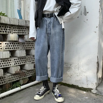 

2019 Autumn Men's Wide Leg Pants Baggy Homme Wash Jeans Mens Casual Pants Biker Denim Blue Color Trousers Plus Size M-2XL