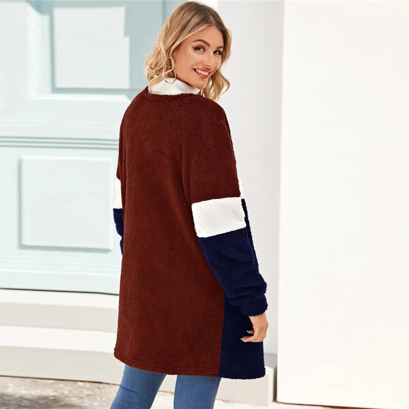 SHEIN разноцветное повседневное зимнее пальто с открытой передней частью, женская уличная одежда с длинным рукавом, Женская эластичная верхняя одежда с цветными блоками