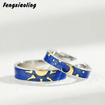 

Fengxiaoling 100% Genuine 925 Sterling Silver Golden Sun Blue Drop Glaze Couple Ring Wedding Bands Fine Jewelry Cute Accessories