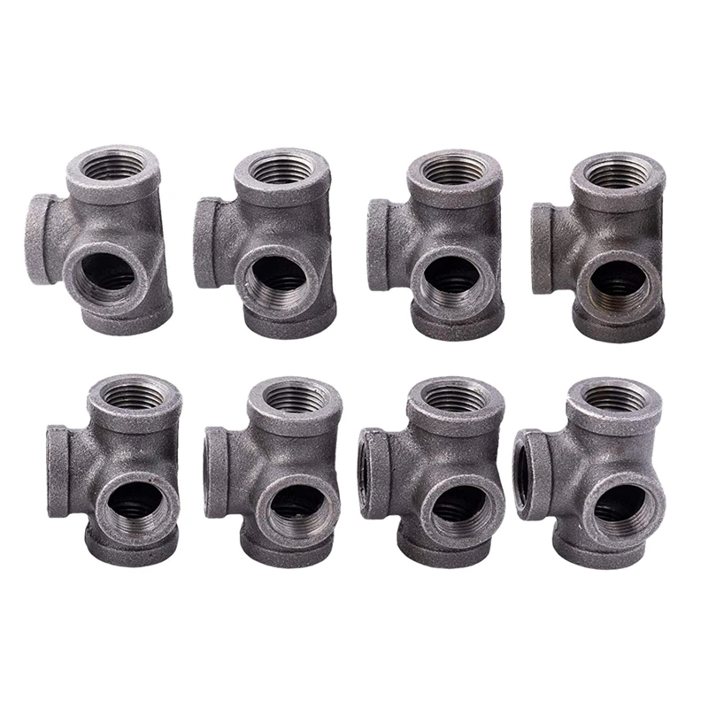 

8 Pack 1/2 Inch Side Outlet Tee (4-Way) Industrial Cast Iron Pipe Fitting By Pipe Decor, Pipe Components for Building Tables, Ch
