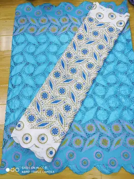 

Blue African Bazin Riche Fabric Cotton Dry Basin Brode Lace Fabric 2.5Yards +2.5Yards Swiss Voile In Switzerland Dubai Fabrics