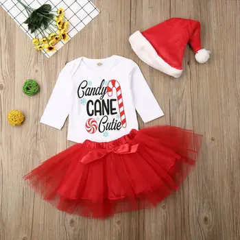 

3 PCS Newborn Baby Girls Christmas Long Sleeve Cototn O Neck Tops Romper Tutu Mesh Bow Skirts Hat Outfits Clothes Santa Claus