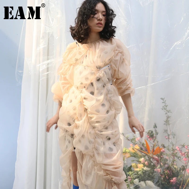 [EAM] Women Drawstring Irregular Dot Pleated Dress