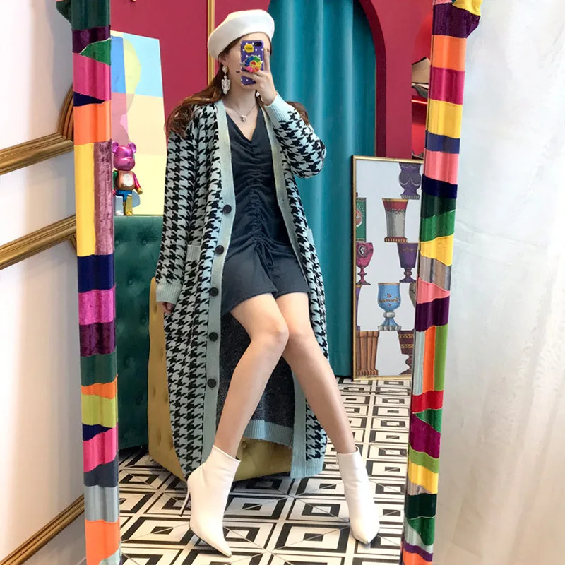 

2019 Autumn And Winter New Style Korean-style Thousands of Birds Loose Casual Thick Long Cardigan Sweater Sweater Coat Women's
