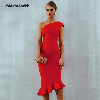 

2019 New Women Bandage Dress Vestidos One Shoulder Sleeveless Ruffles Nightclub Dress Celebrity Evening Party Dress
