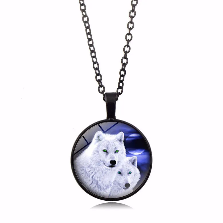 3 Colors New Christmas Glass Dome Necklace Charm Wolf Print Art Pendant Necklace Women Men Party Jewelry Gift Wholesale - Окраска металла: Black