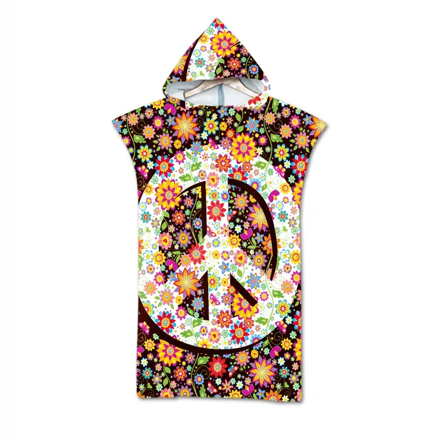 Adult Kids Microfiber Quick Drying Peace and Love Pattern Absorbent Hooded Beach Bath Towel Diving Suit Changing Robes Poncho 10