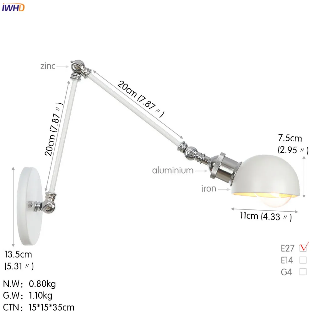 IWHD White Swing Long Arm Wall Light Fixtures Adjustable 4W Edison 110V-220V Industrial Decor Vintage Wall Lamp Sconce Luminaria