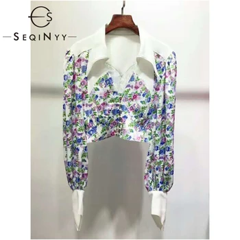 

SEQINYY Short Top 2020 Summer Spring New Fashion Design Women Flower Print White Blouse Bohemia Runway