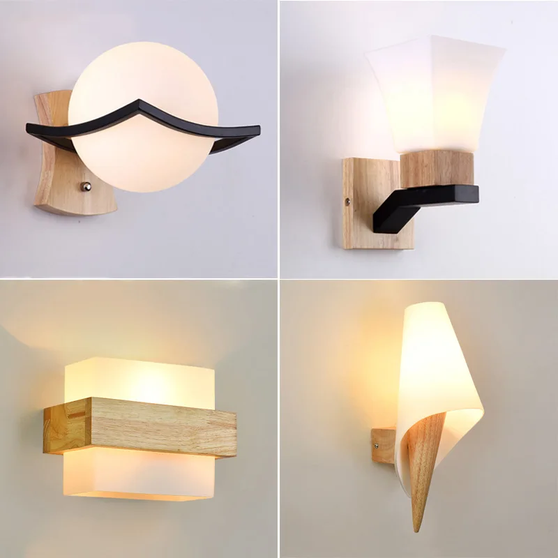 

Decorative Nordic Sconce Wall Lights with Glass Shade Creative Home Indoor Bedside Led Wall Lamp Wood Night Lights Fixtures E27