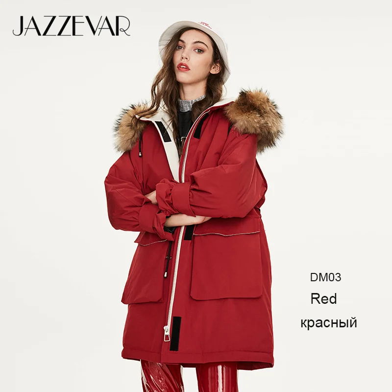 JAZZEVAR Зима Новое поступление пуховая куртка женская высокого качества средней длины с мехом теплые зимняя кyрткa Y9058 - Цвет: red DM03