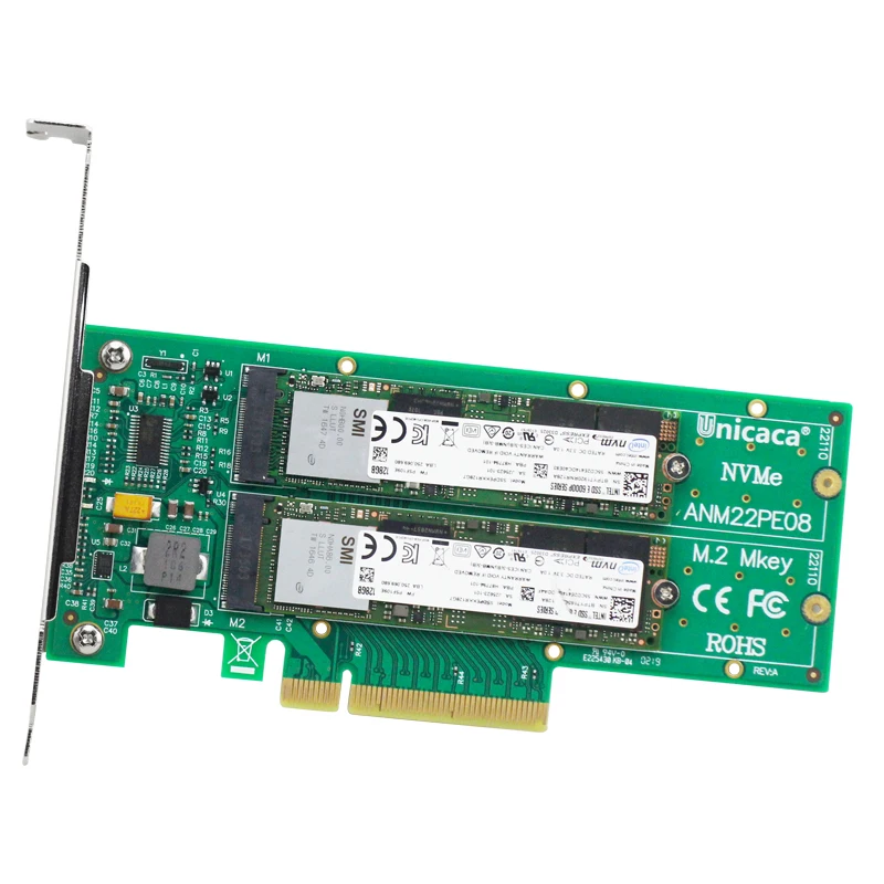 Адаптер UNICACA ANM22PE08 SFF8639* 2 M.2 PCIe3.0 X8 12 ГБ/сек. M.2 exp rise(поддержка nvme устройства