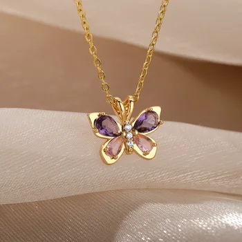 Cute Butterfly Necklace For Women Crystal Purple Butterfly Aesthetic Necklaces Charms