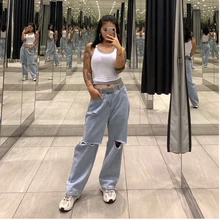 Новые зимние Уайлд Высокая талия Свободные дырки широкие ноги джинсовые брюки женские джинсы