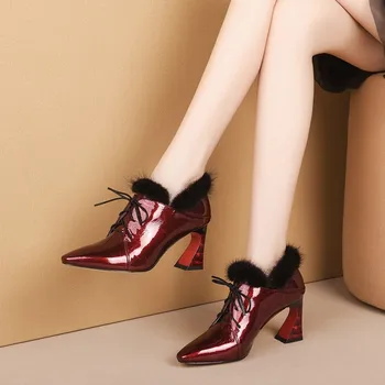 

MLJUESE 2020 women pumps Cow leather autumn spring pointed toe wine red color lace up high heels party dress size 34-43