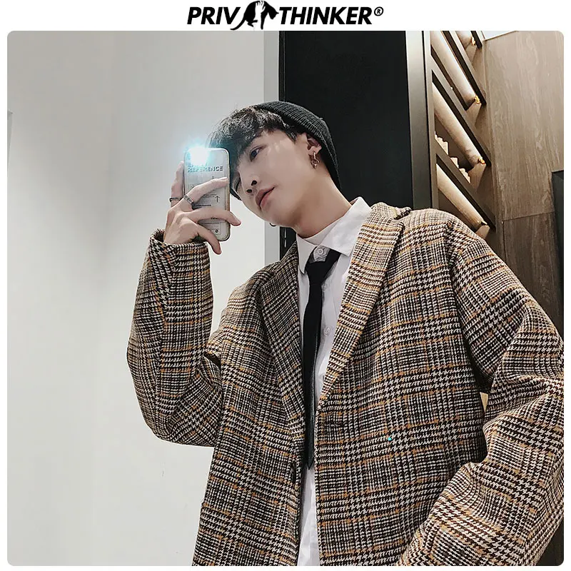 

Privathinker Plaid Casual Korean Woolen Coat Mens Short 2019 Autumn Winter Streetwear Men Jacket Oversize Fashion Coats Male