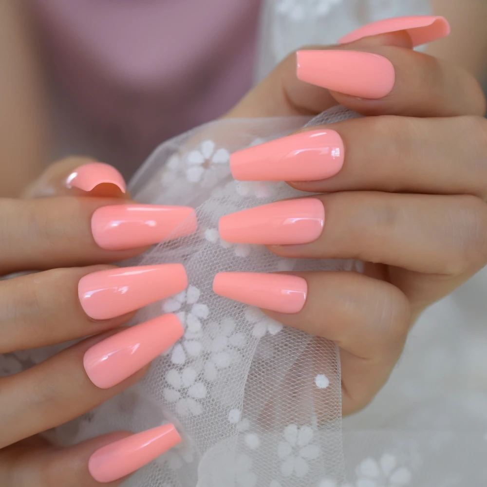 Medium Tapered Natrual Tips Peach Pink Sweet Abs Fake Nail Shiny With  Adhesicve Tape Fingernails Gel Nails - False Nails - AliExpress