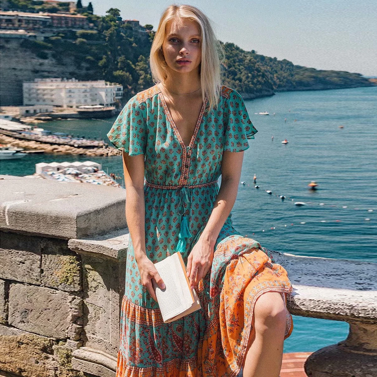 

Boho Floral Printed Midi Dress V Neck Ruffle Sleeve Vintage Tassel Vestidos Summer 2019 Beach Casual Clothes Long Women Dresses