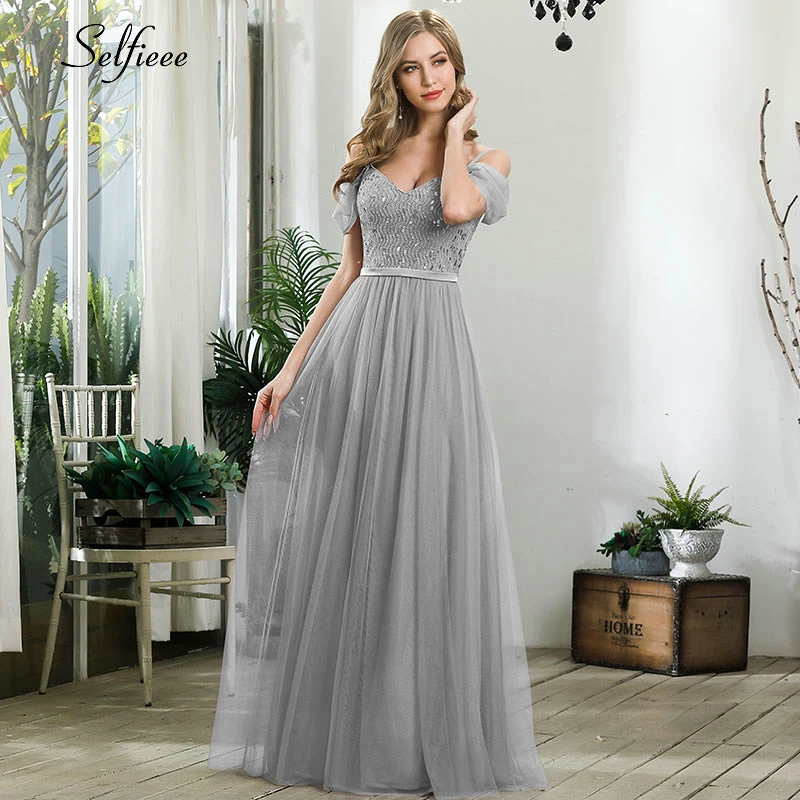 Elegant Laides Party Dress A-Line V-Neck Spaghetti Straps Sequined Short Sleeve Maxi Women Dress Sparkle Formal Gown Robe Femme