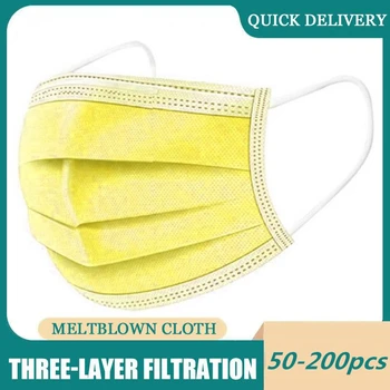 

50-200pcs Medical mask Good Quality Non-Woven Disposable Face Mask 3 Layer Filte Anti-dust Yellow Mouth Mask Quick Delivery