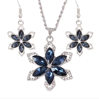 

3pcs/set Romantic Blue Crystal Colorful Flower Necklace Big Earring Jewelry Set Bride Sets For Women Wedding Bijoux
