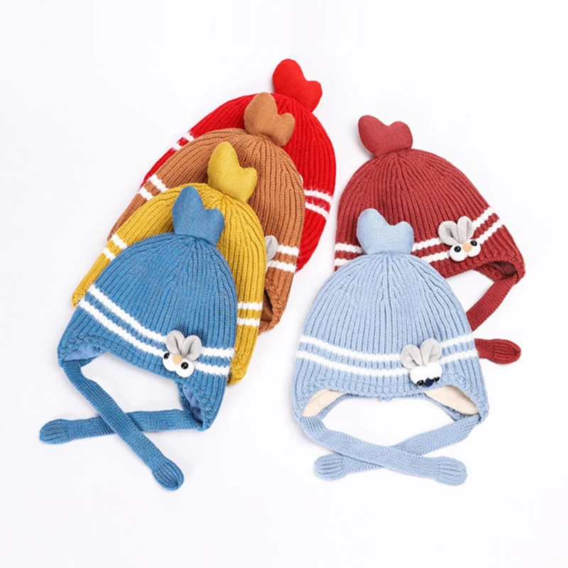 

Cartoon Winter Warm Knitted Baby Hat Bunny Ear Toddler Girl Boy Hats Infant Cap Cute Pompom Lace-up Newborn Photography Props
