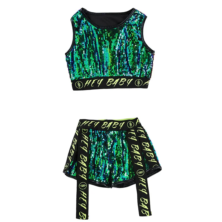 Dance Costume for Children Jazz Wear Girl Boy Sequin Hip-Hop Dance Jazz Kids Street Dance Competition Performance Stage Clothing - Color: Girl 2pcs set
