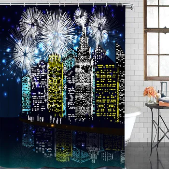 

City Building Fireworks Painting Waterproof Polyester Fabric Shower Curtain Home Decoration Bathroom Shower Curtain