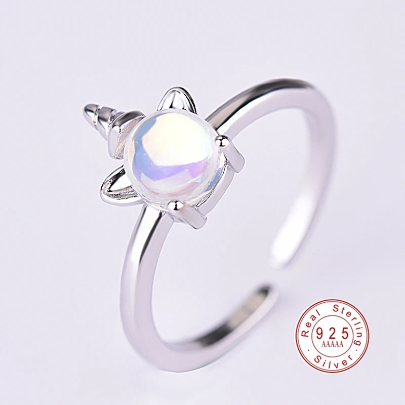 Мода стерлингового серебра 925 милые в форме единорога простые творческие разноцветные кольцо из лунного камня для женщин кольца для вечеринок ювелирные изделия