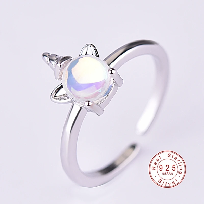 

2019 Fashion 925 Sterling Silver Cute Unicorn Shape Simple Creative Multicolour Moonstone Ring for Women Party Rings Jewelry