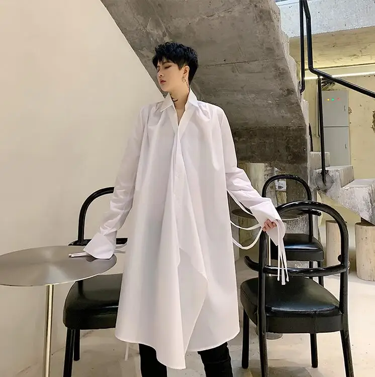 SHENGYUJIN Yamamoto style dark super long tether waist white shirt irregular loose elegant small shirt coat fashion men's shirt