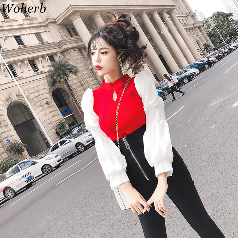 

Woherb Patchwork Hollow Out Pullovers O Neck Puff Sleeve Sweater Women Contrast Color Slim Fashionable Jumpers Korean New 91176