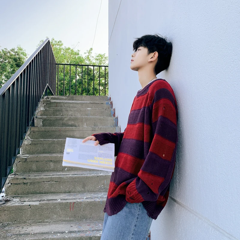 Autumn Hole Sweater Men's Fashion Contrast Color Casual Knit Pullover Man Streetwear Wild Loose Long Sleeve Striped Sweater