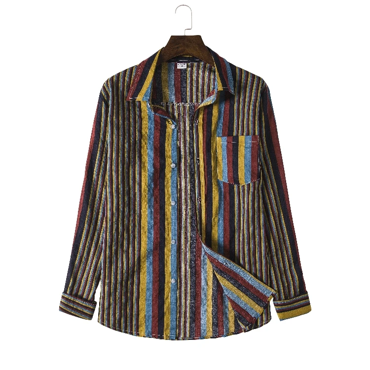 

2020 Autumn New Men's Contrast Color Striped Cotton and Linen Color Belt Breathable Long-sleeved ShirtCX314