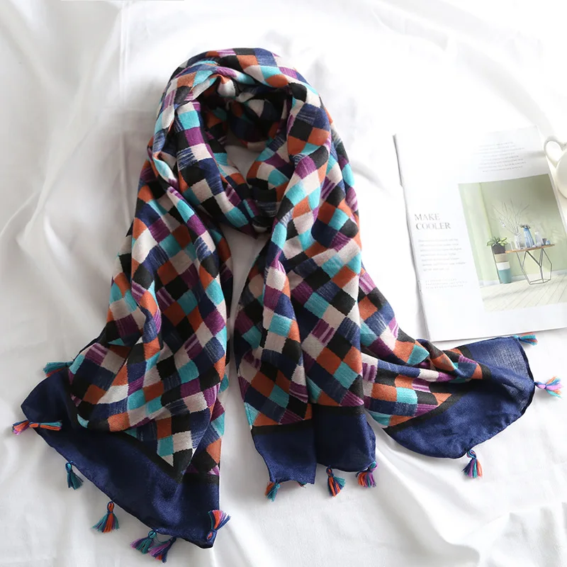 Cotton Ombre Plaid Print Tassel Scarves Shawls Women Long Soft Grid Wrap Scarf Muffler Hijab Headband 4 ColorFree Shipping