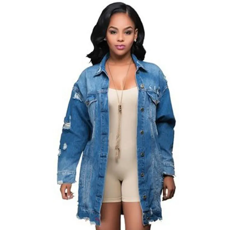 

Autumn Winter Women Hole Denim Jacket 2019 Harajuku Boyfriend Wind Jean Jacket Loose Long Sleeve Female Coats Large Size Female