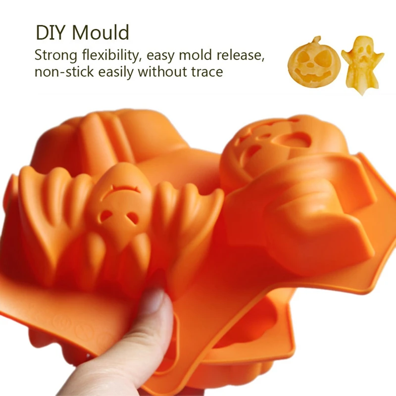 1pcs 6 Grids Pumpkin Bat Skull Ghost Shape Halloween Silicone Mold Candy Chocolate Pudding Mold for Halloween Party Decoration