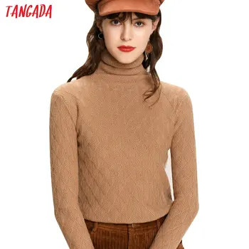 

Tangada winter 2019 fashion women Geometry pattern knit sweater turtleneck long sleeve slim khaki black soft pulloverAQJ09