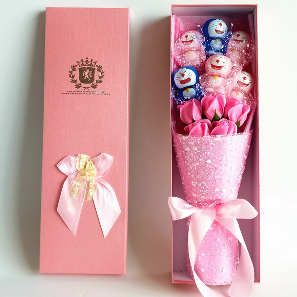 

Pink cartoon Doraemon Gift box Soap flower Cute plstic bouquet toy Valentine's Day birthday Gifts toy
