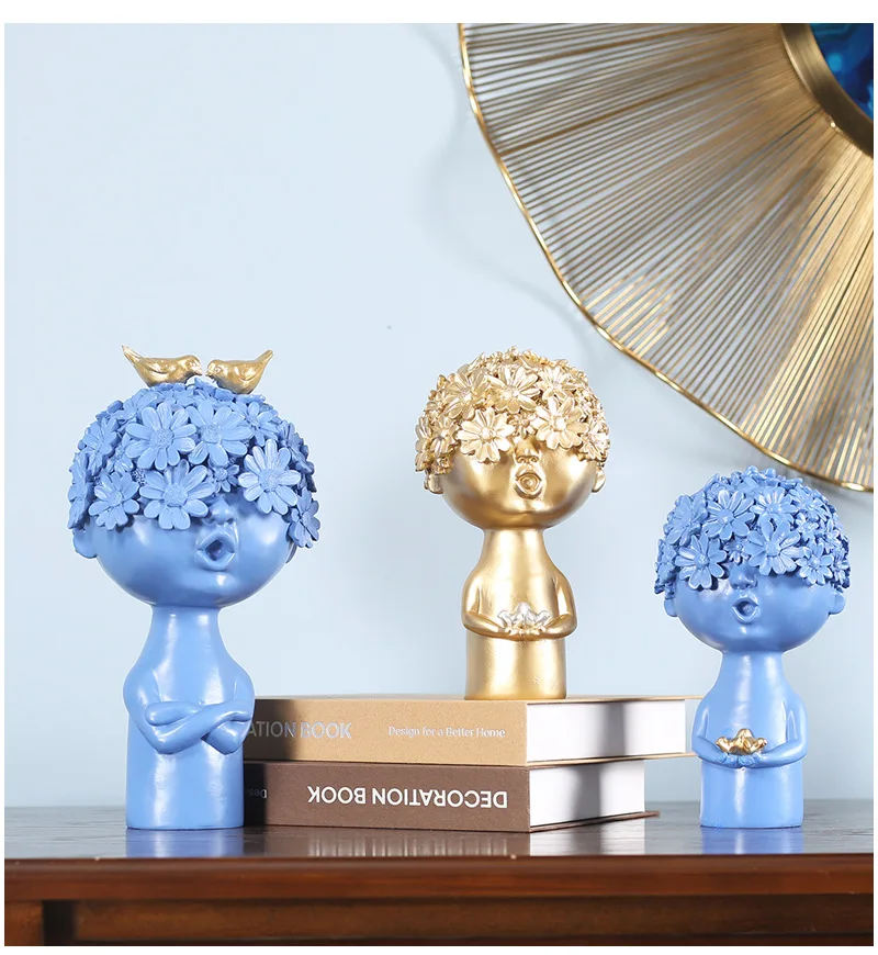 Kids Room Decorations Creative Boy With Bird Figurines Resin Little Bust Statue Kids Room Decor Accessories TV Cabinet Ornaments