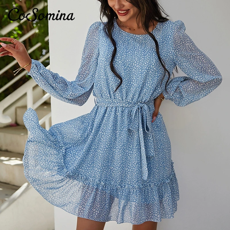 Summer Dress Spring Long-Sleeve Floral-Print Bohemian Ruffled Women Elegant Cosomina
