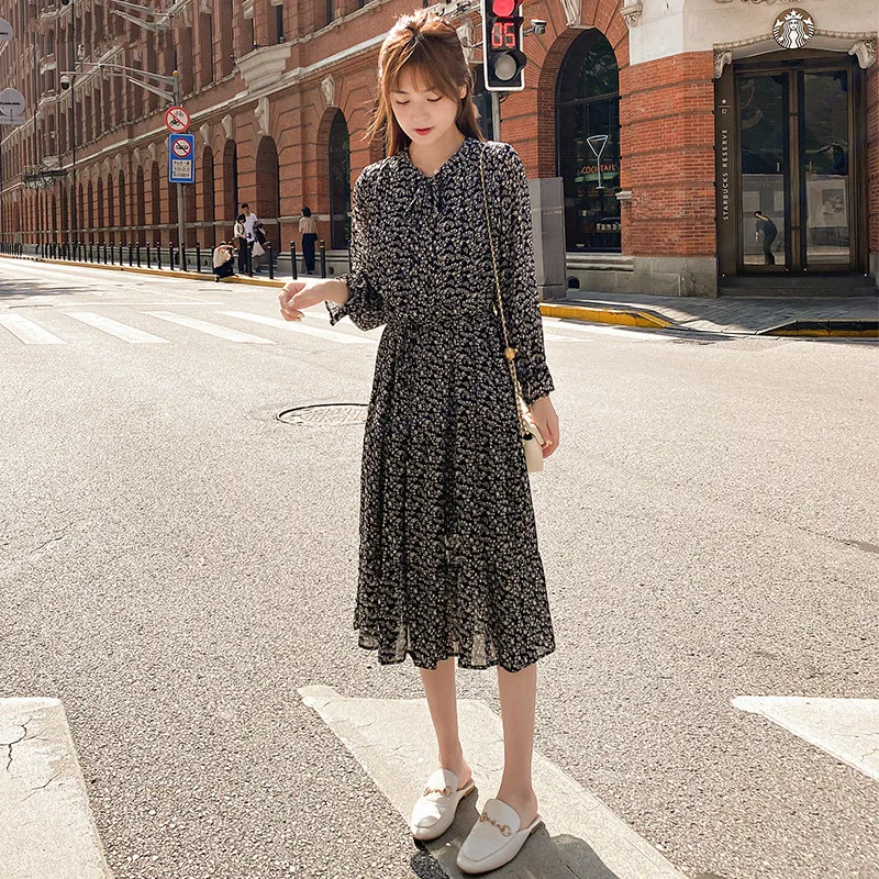 Tonglord Autumn Elegant Bow-neck Chiffon Dress Women Flare Sleeve A-line Floral Print Female Dress Vintage Long Vestidos Femme