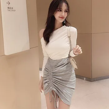 

2019 Summer Women Skirts Fashion Sexy Bag Hips Slim-Fit Half Skirts Solid Pleated Drawstring Tight Skirts Zipper Black