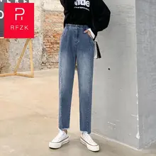 Женские джинсы RFZK, новинка, высокая талия, свободные, прямые, тонкие, высокая редиска, необработанные края, Daddy Harlan брюки
