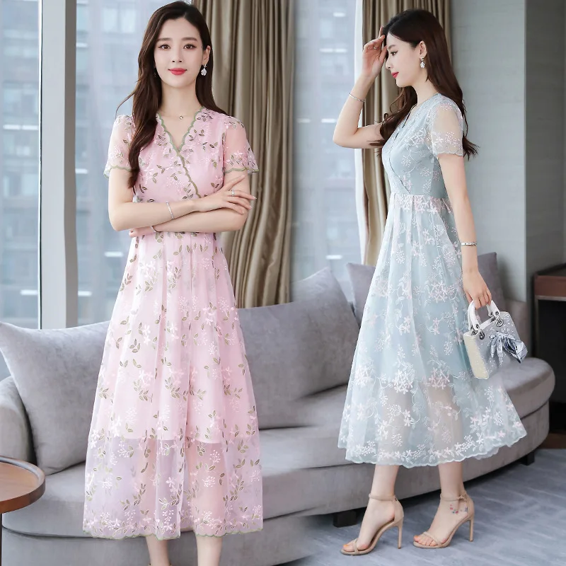 

2019 Summer Wear New Style Korean-style V-neck Chiffon Embroidered Floral-Print Mid-length Dress Women's Fashion