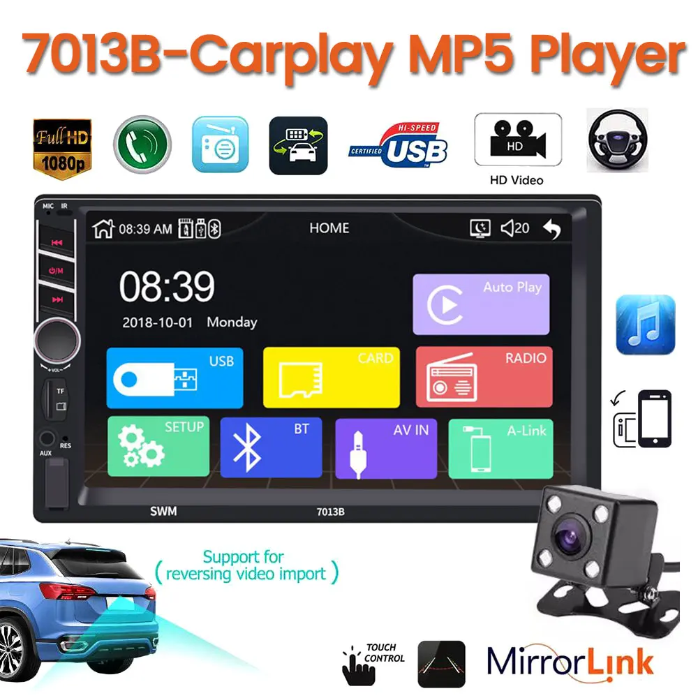 

7013B 7" Touch Screen 2 Din Car Multimedia Player Radio Android Auto Bluetooth Stereo Audio Video MP5 Player Handsfree Carplay