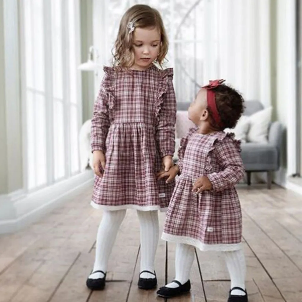 SAGACE Long Sleeve Dress Girl Cute Red Plaid Print Lace Princess For Toddler Baby Vintage Kids | Детская одежда и обувь
